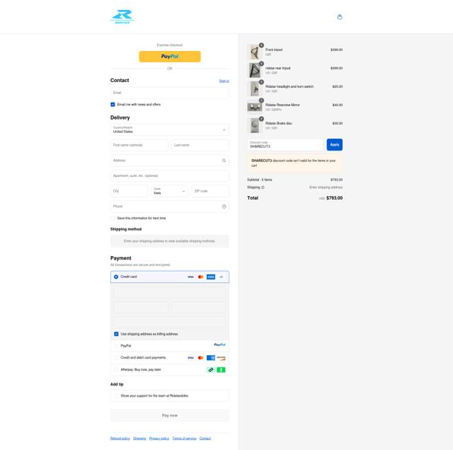 Ridstarebike checkout page showing Ridstarebike promo code box | Screenshot taken by SimplyCodes community member on Sep 13, 2025