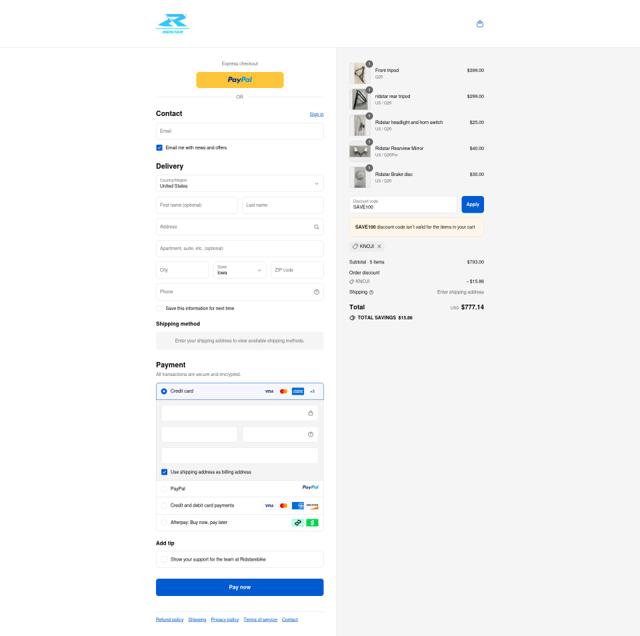 Ridstarebike checkout page showing Ridstarebike promo code box | Screenshot taken by SimplyCodes community member on Sep 9, 2025