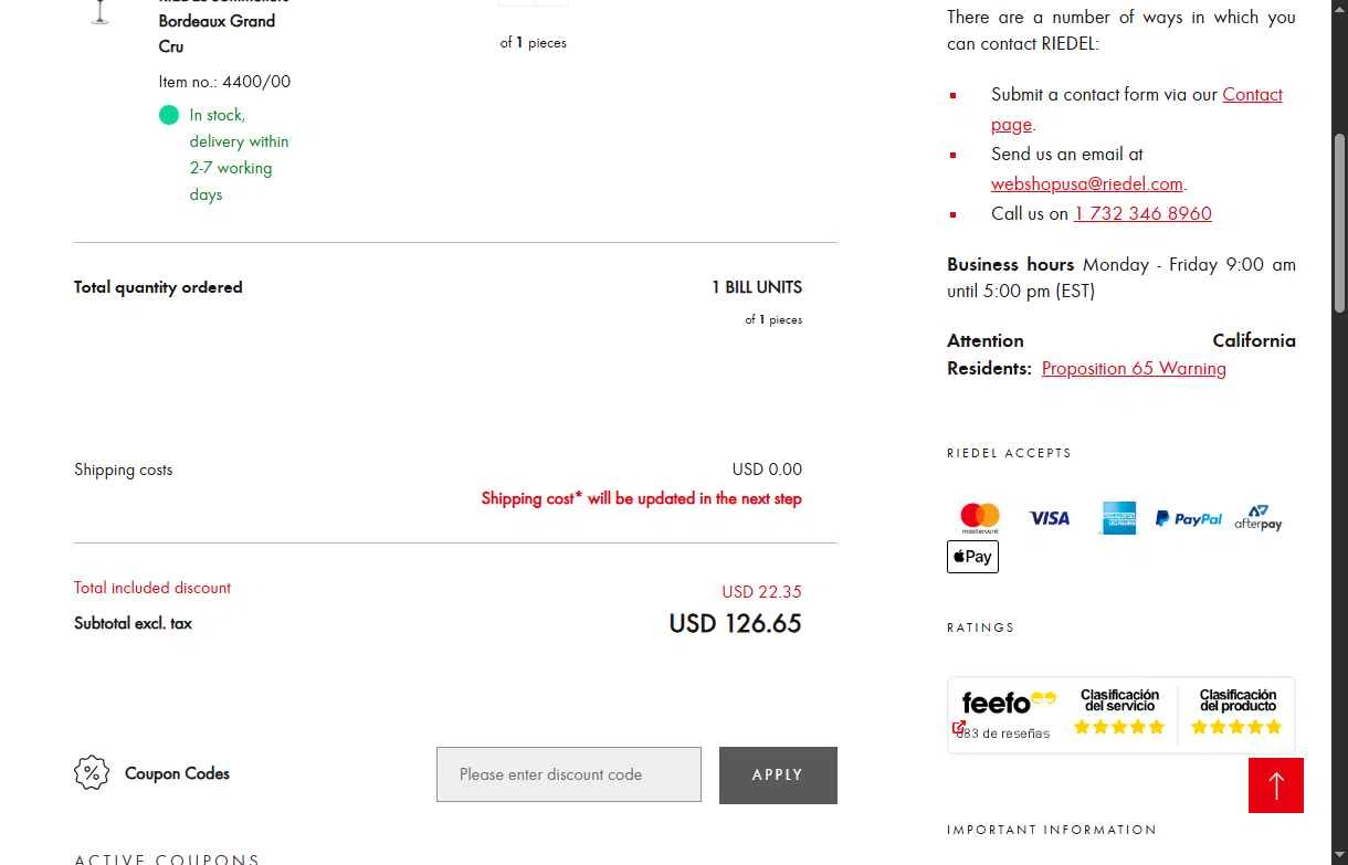 Riedel checkout page showing Riedel promo code box | Screenshot taken by SimplyCodes community member on Oct 10, 2025