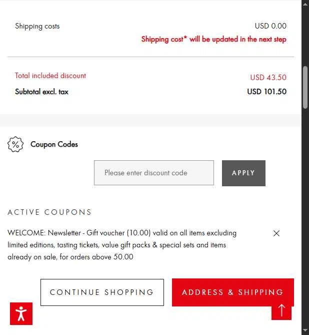 Riedel checkout page showing Riedel promo code box | Screenshot taken by SimplyCodes community member on Feb 4, 2026