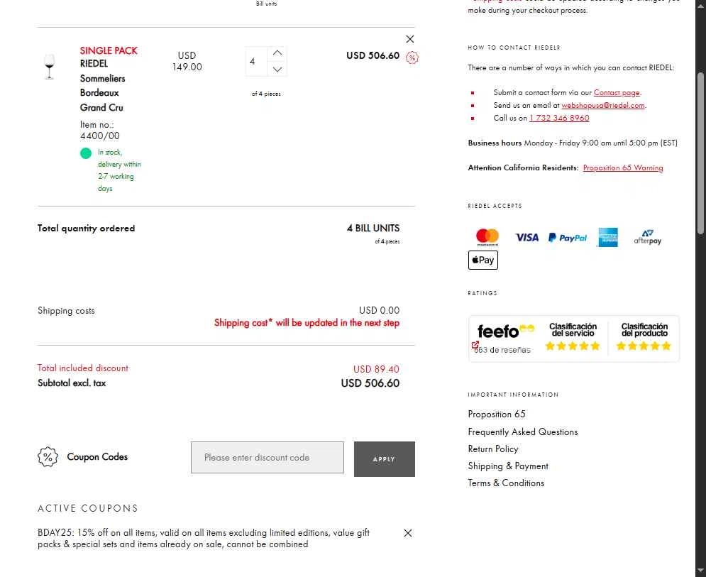 Riedel checkout page showing Riedel promo code box | Screenshot taken by SimplyCodes community member on Nov 21, 2025