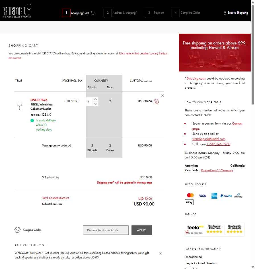 Riedel checkout page showing Riedel promo code box | Screenshot taken by SimplyCodes community member on Oct 24, 2025