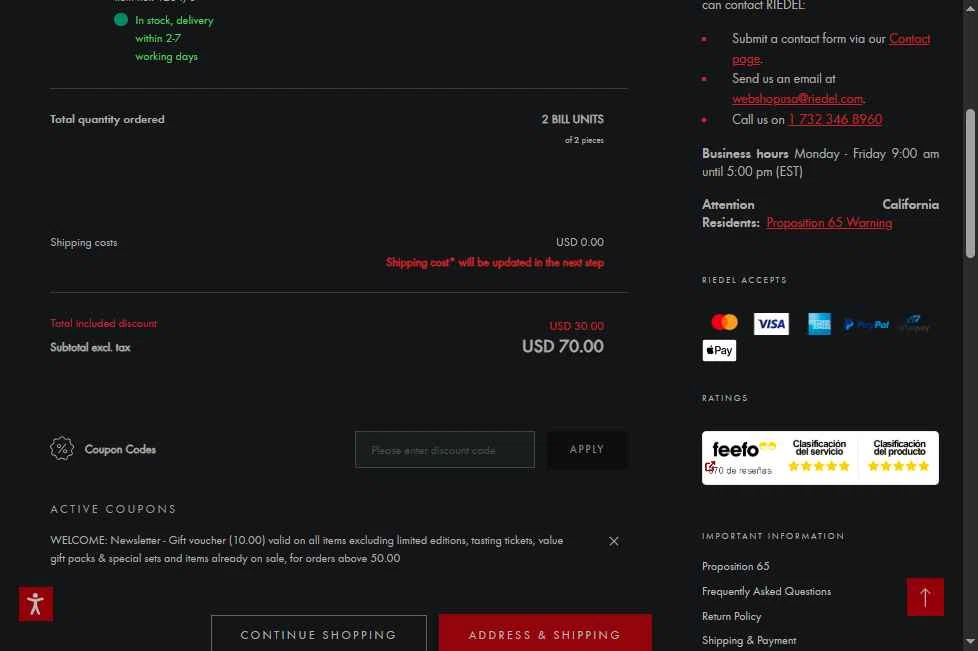 Riedel checkout page showing Riedel promo code box | Screenshot taken by SimplyCodes community member on Nov 24, 2025
