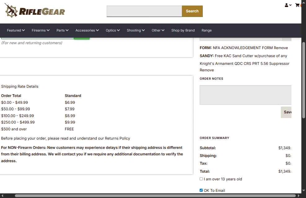 Rifle Gear checkout page showing Rifle Gear coupon code box | Screenshot taken by SimplyCodes community member on Dec 4, 2025