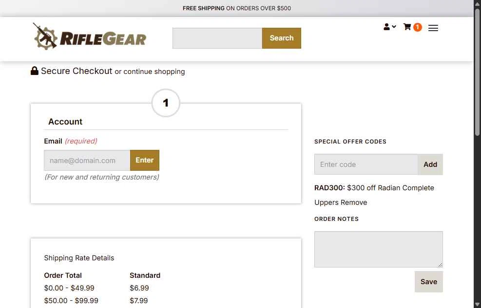 Rifle Gear checkout page showing Rifle Gear coupon code box | Screenshot taken by SimplyCodes community member on Sep 29, 2025