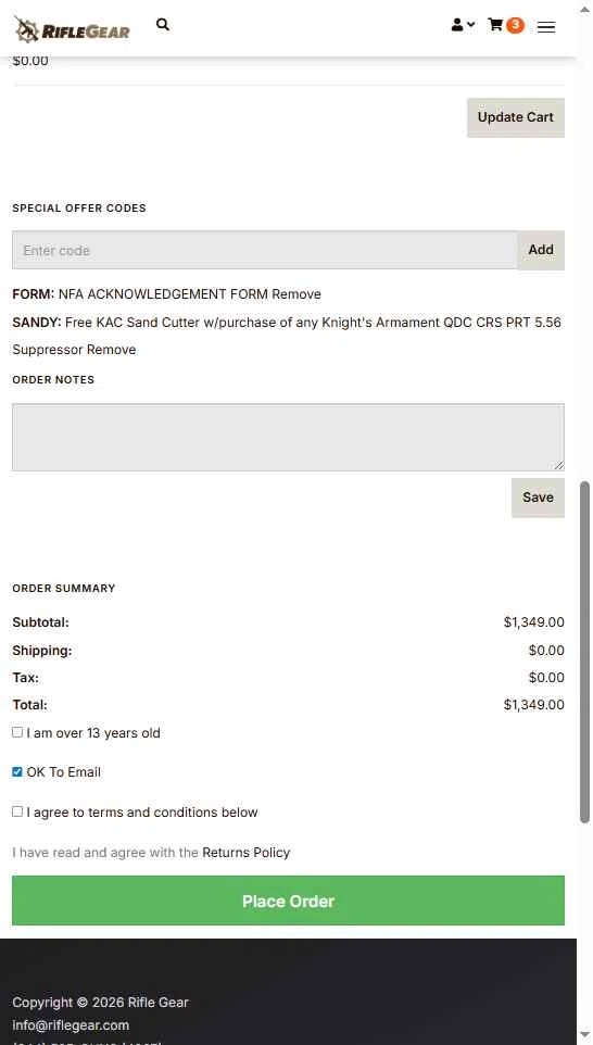 Rifle Gear checkout page showing Rifle Gear coupon code box | Screenshot taken by SimplyCodes community member on Jan 2, 2026