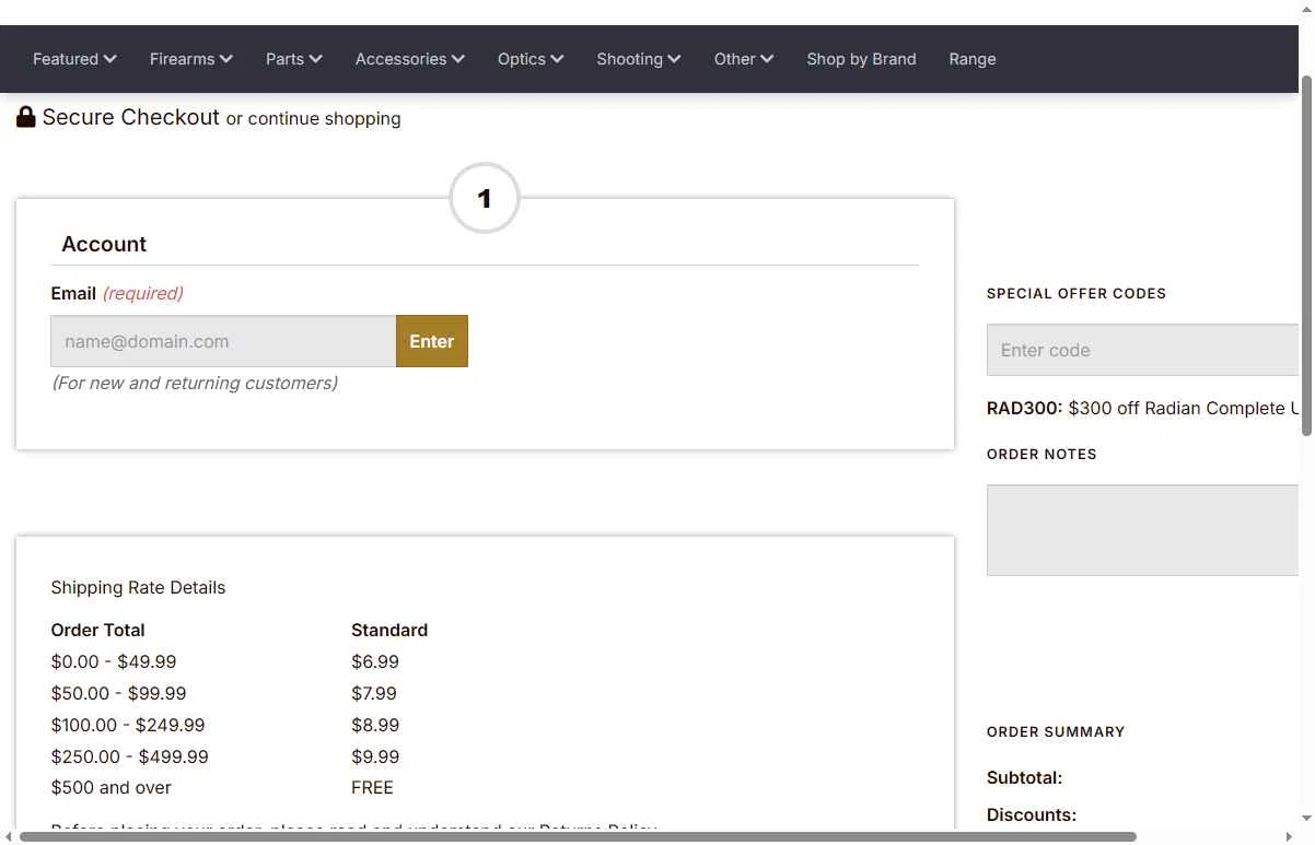 Rifle Gear checkout page showing Rifle Gear coupon code box | Screenshot taken by SimplyCodes community member on Aug 31, 2025