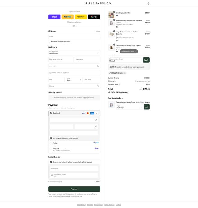 Rifle Paper Co. checkout page showing Rifle Paper Co. promo code box | Screenshot taken by SimplyCodes community member on Sep 10, 2025