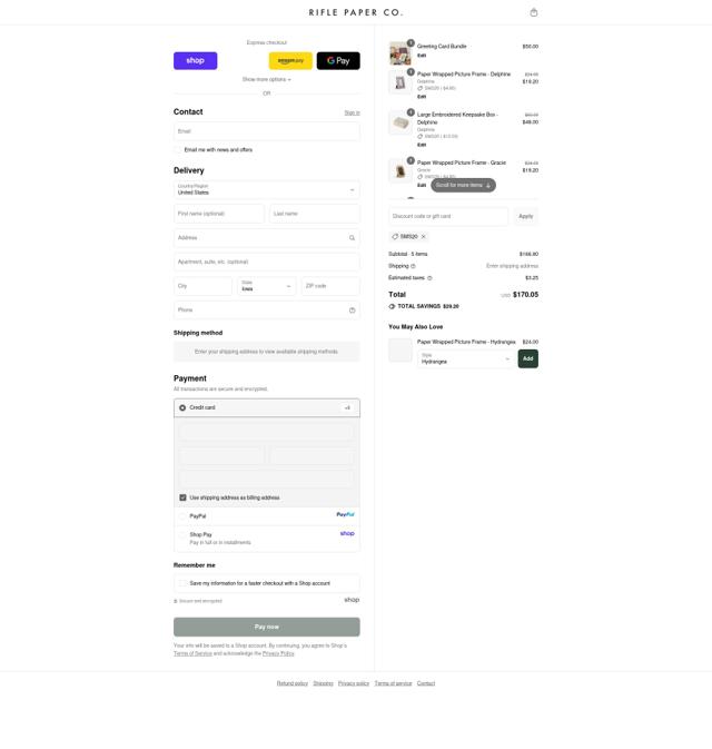 Rifle Paper Co. checkout page showing Rifle Paper Co. promo code box | Screenshot taken by SimplyCodes community member on Sep 15, 2025