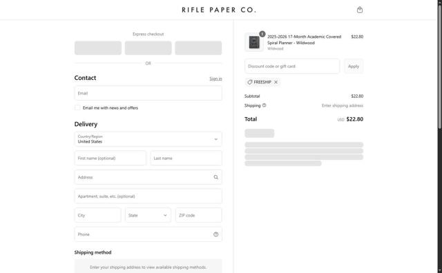 Rifle Paper Co. checkout page showing Rifle Paper Co. promo code box | Screenshot taken by SimplyCodes community member on Sep 12, 2025