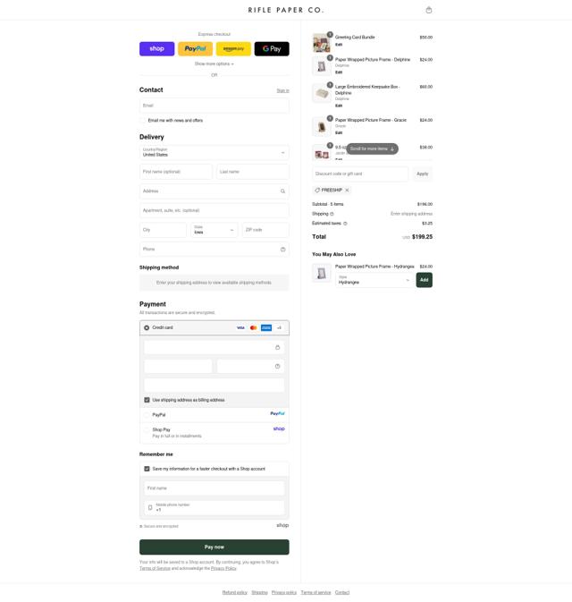 Rifle Paper Co. checkout page showing Rifle Paper Co. promo code box | Screenshot taken by SimplyCodes community member on Sep 15, 2025