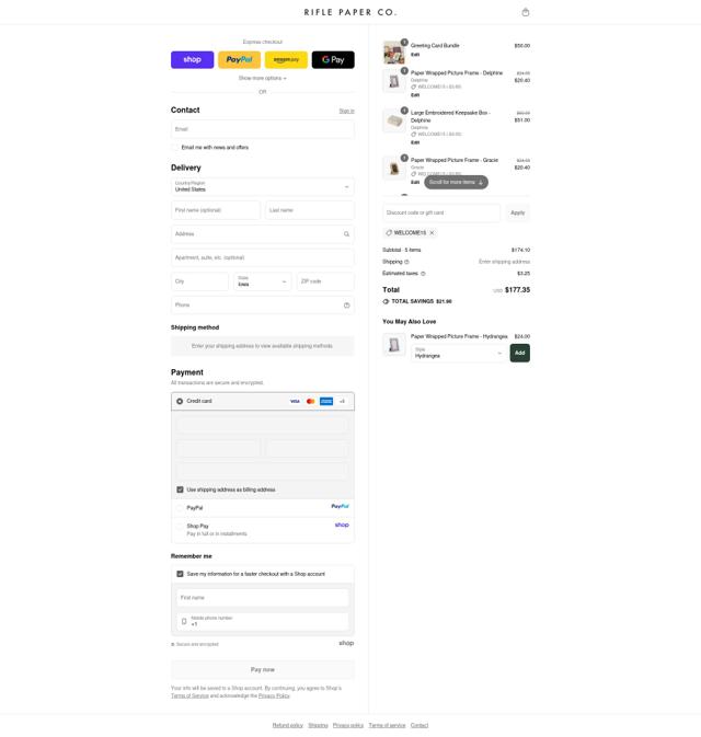 Rifle Paper Co. checkout page showing Rifle Paper Co. promo code box | Screenshot taken by SimplyCodes community member on Sep 15, 2025