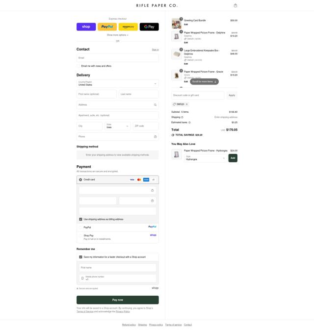 Rifle Paper Co. checkout page showing Rifle Paper Co. promo code box | Screenshot taken by SimplyCodes community member on Sep 10, 2025