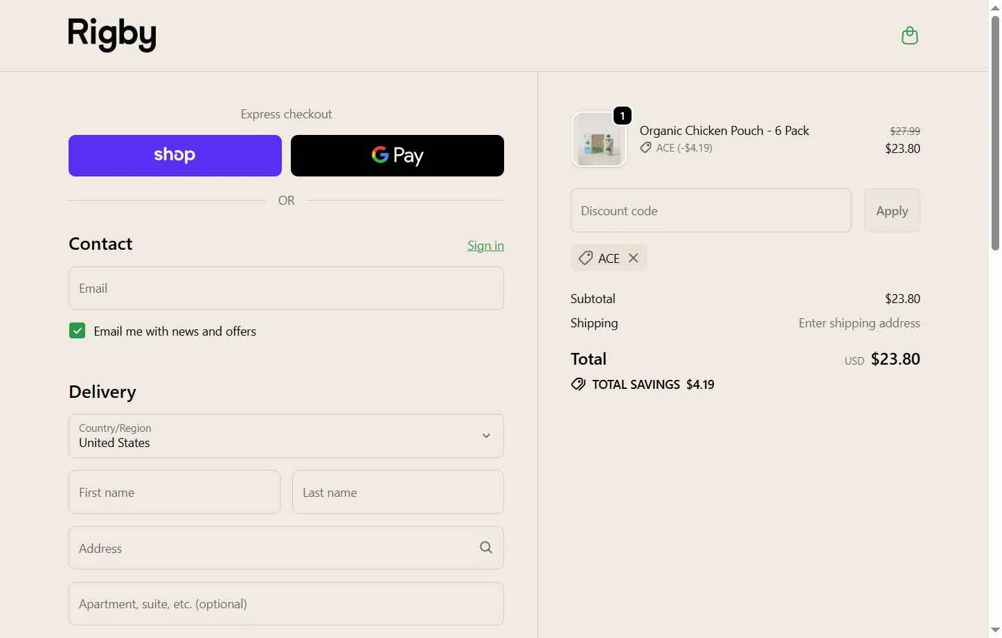 Rigby checkout page showing Rigby discount code box | Screenshot taken by SimplyCodes community member on Nov 14, 2025