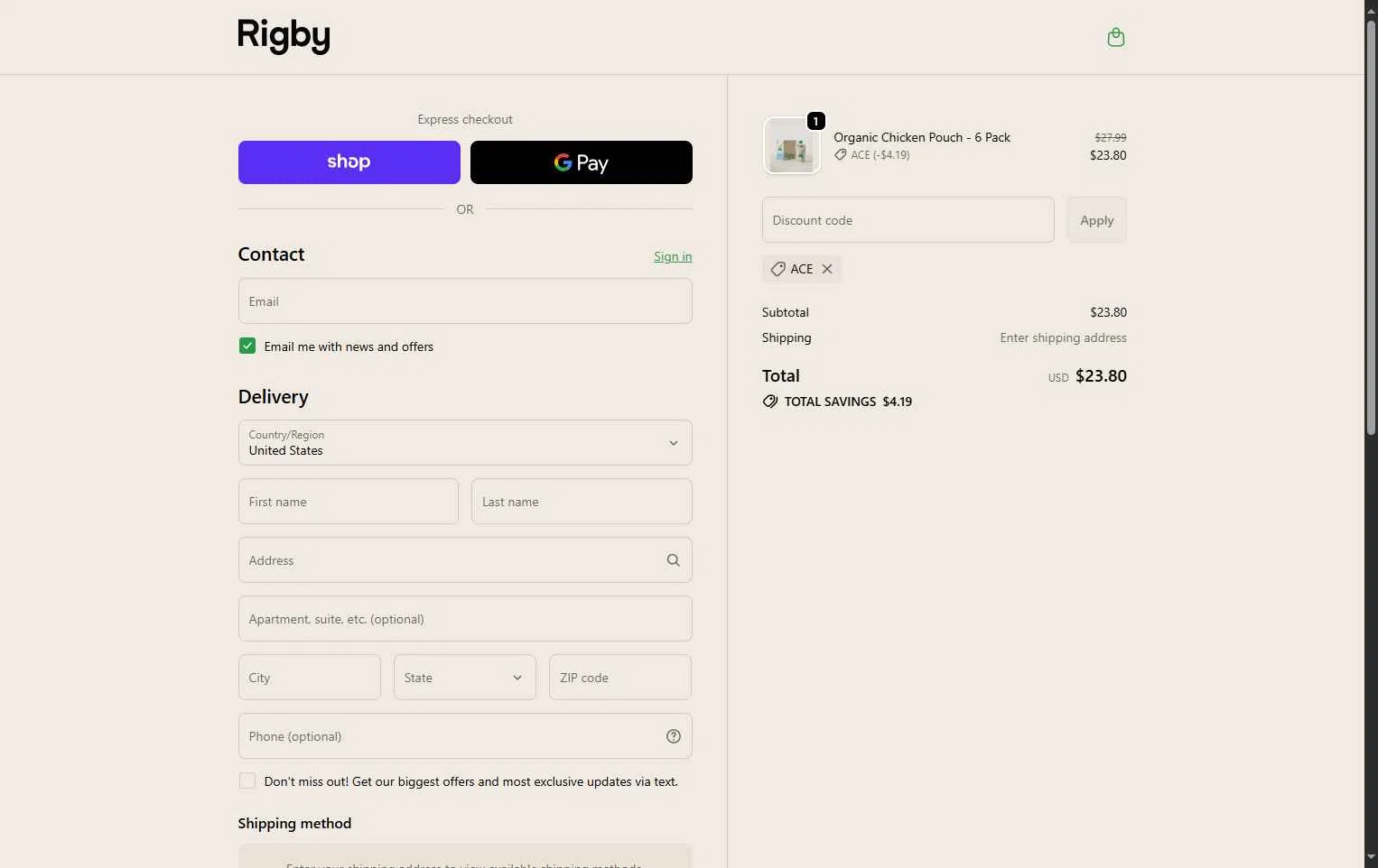 Rigby checkout page showing Rigby discount code box | Screenshot taken by SimplyCodes community member on Oct 15, 2025