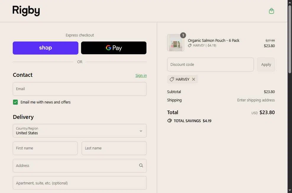 Rigby checkout page showing Rigby discount code box | Screenshot taken by SimplyCodes community member on Sep 9, 2025