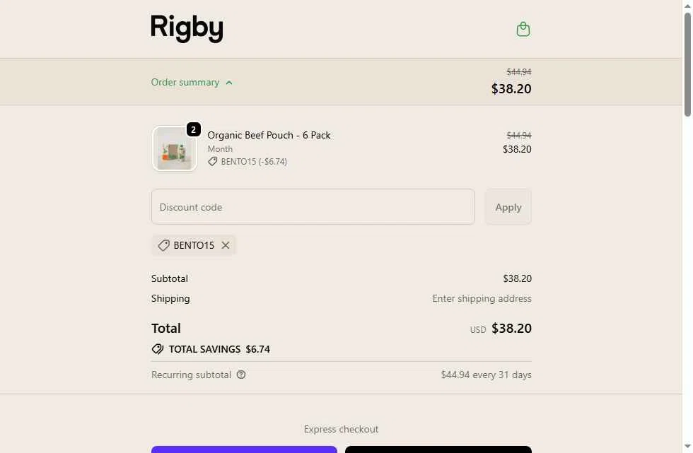 Rigby checkout page showing Rigby discount code box | Screenshot taken by SimplyCodes community member on Jan 13, 2026