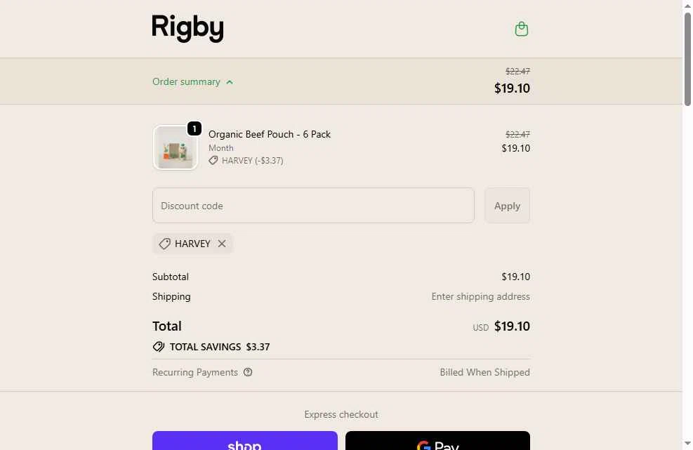Rigby checkout page showing Rigby discount code box | Screenshot taken by SimplyCodes community member on Nov 6, 2025