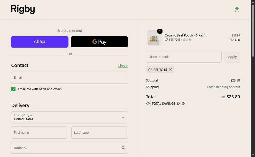 Rigby checkout page showing Rigby discount code box | Screenshot taken by SimplyCodes community member on Dec 15, 2025