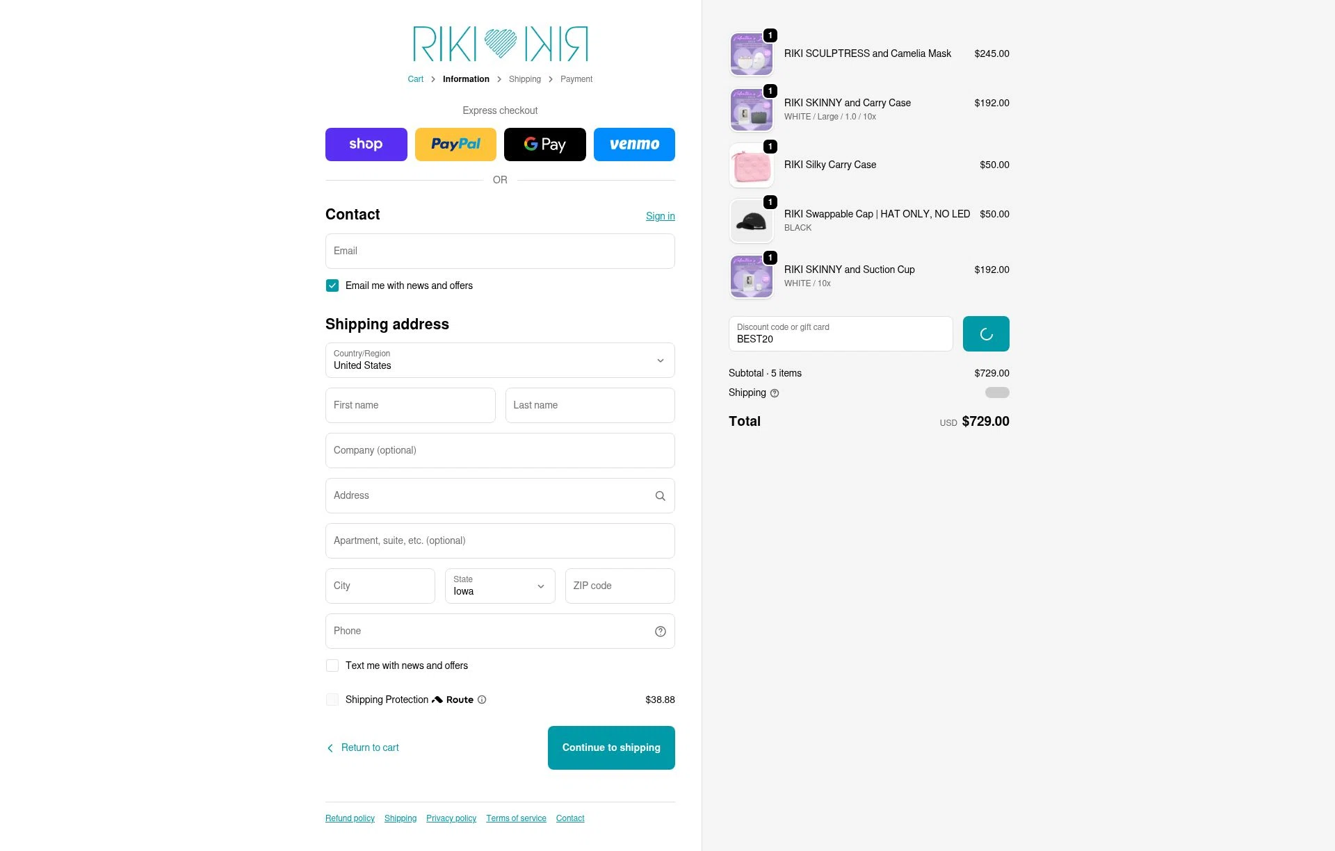 RIKI LOVES RIKI checkout page showing RIKI LOVES RIKI discount code box | Screenshot taken by SimplyCodes community member on Feb 23, 2026