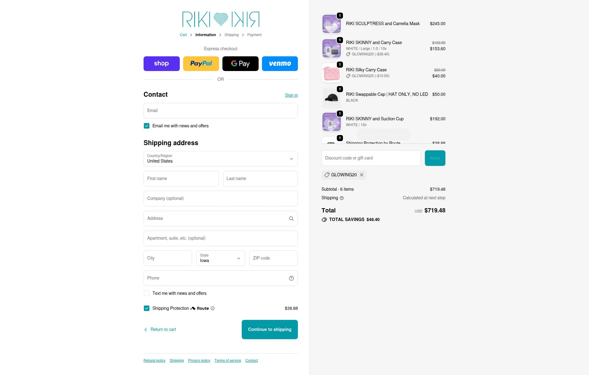 RIKI LOVES RIKI checkout page showing RIKI LOVES RIKI discount code box | Screenshot taken by SimplyCodes community member on Feb 23, 2026