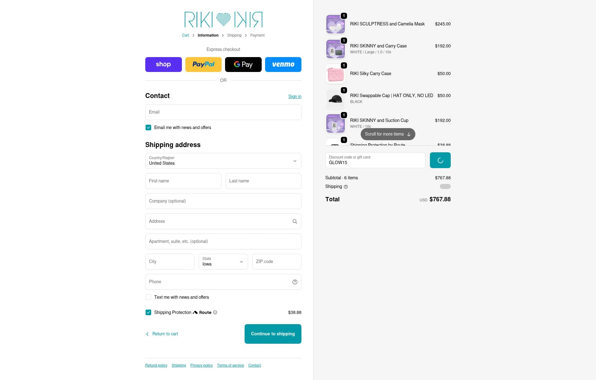 RIKI LOVES RIKI checkout page showing RIKI LOVES RIKI discount code box | Screenshot taken by SimplyCodes community member on Feb 23, 2026