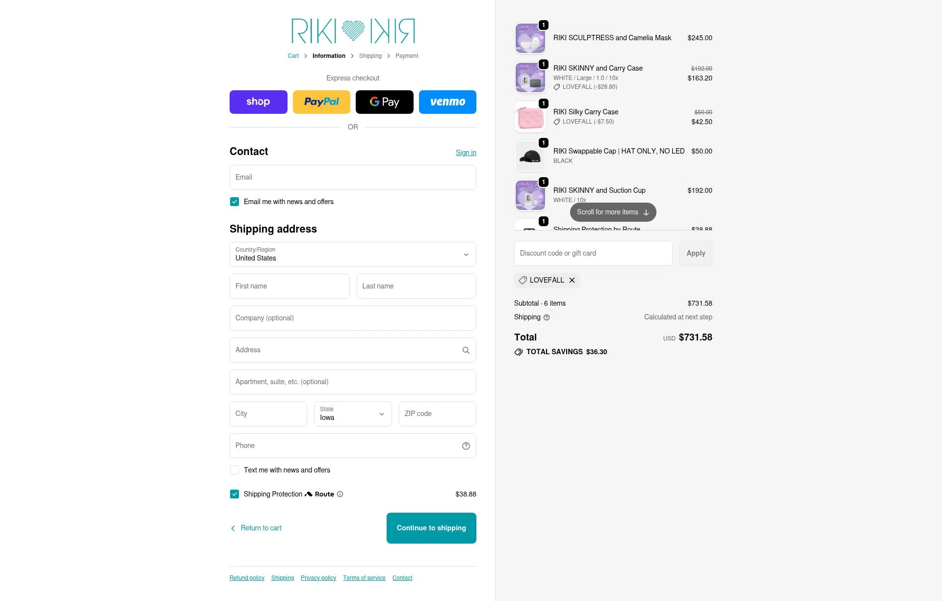 RIKI LOVES RIKI checkout page showing RIKI LOVES RIKI discount code box | Screenshot taken by SimplyCodes community member on Feb 23, 2026