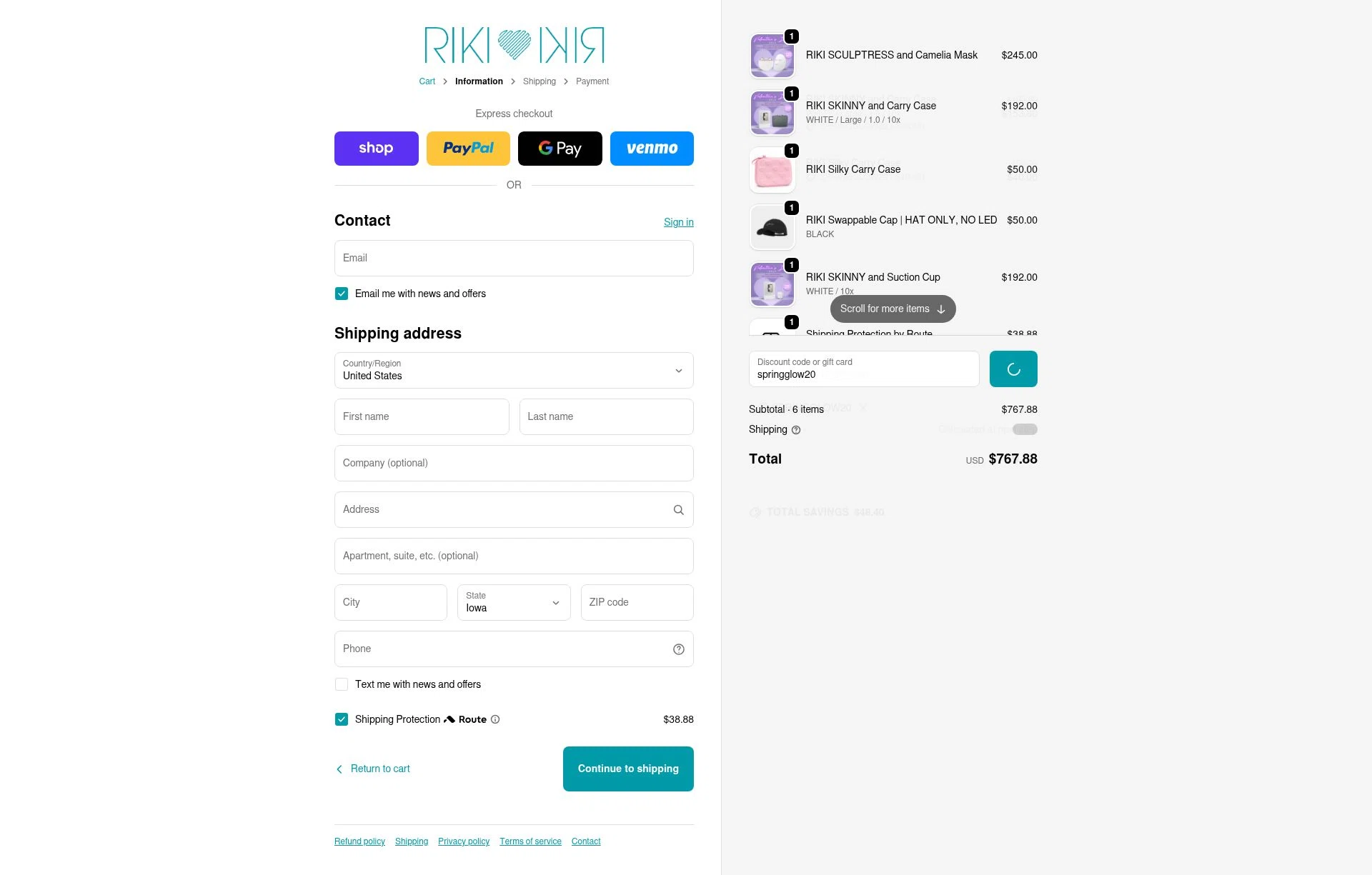 RIKI LOVES RIKI checkout page showing RIKI LOVES RIKI discount code box | Screenshot taken by SimplyCodes community member on Feb 24, 2026