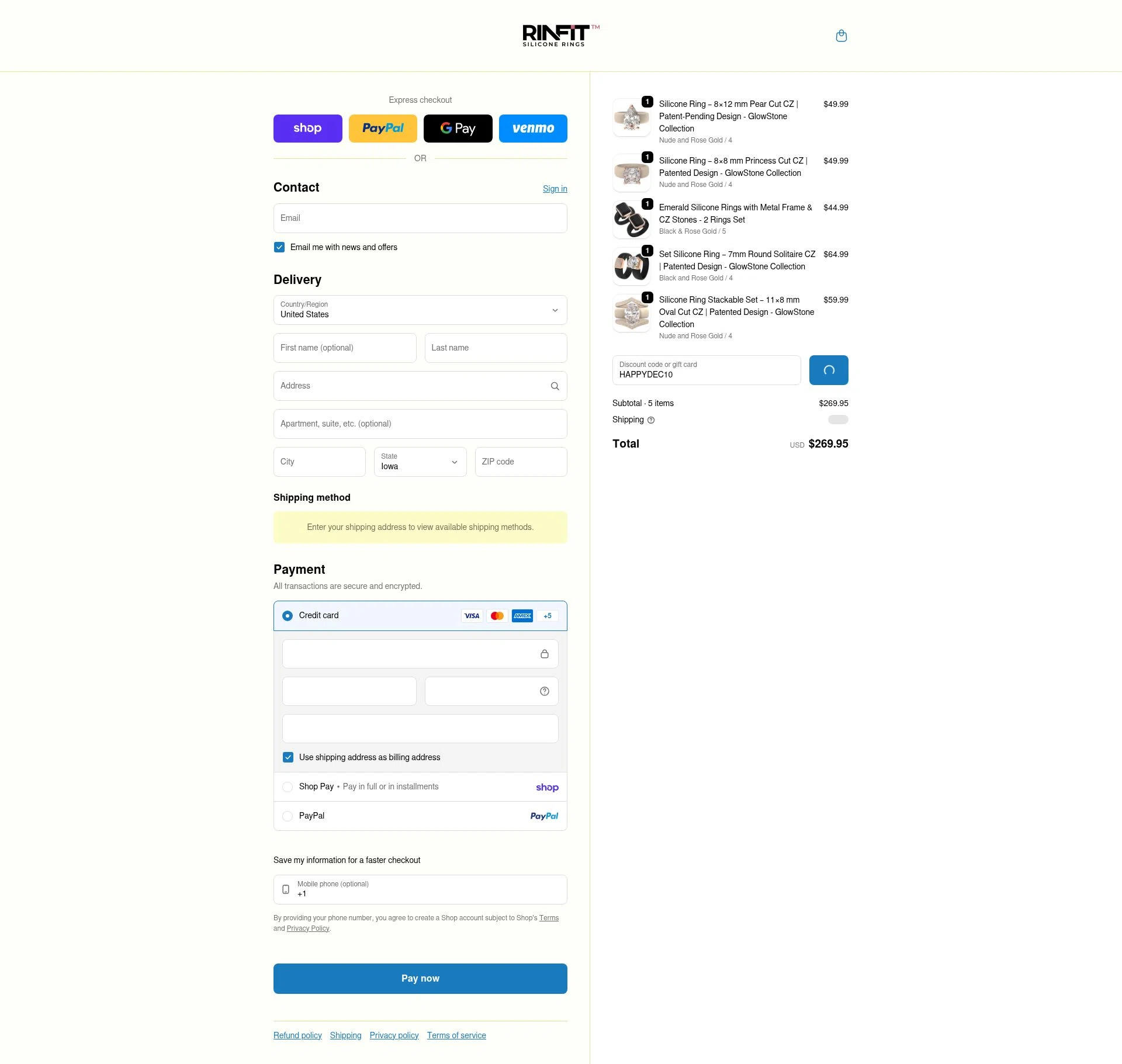 Rinfit checkout page showing Rinfit coupon code box | Screenshot taken by SimplyCodes community member on Feb 13, 2026