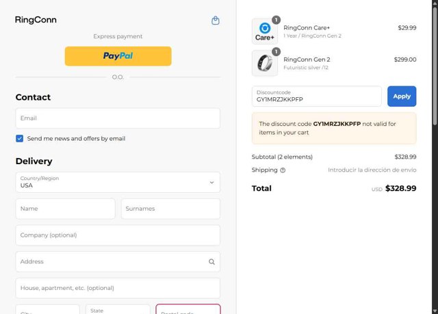 RingConn checkout page showing RingConn discount code box | Screenshot taken by SimplyCodes community member on Sep 4, 2025