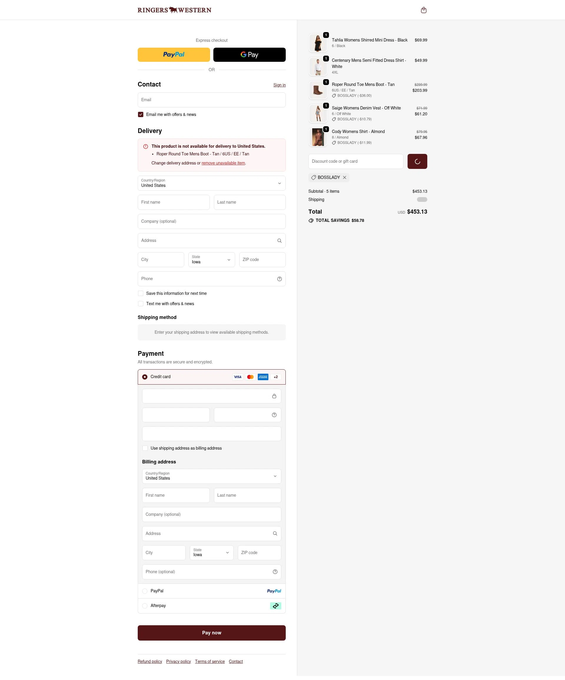 Ringers Western checkout page showing Ringers Western discount code box | Screenshot taken by SimplyCodes community member on Jan 31, 2026