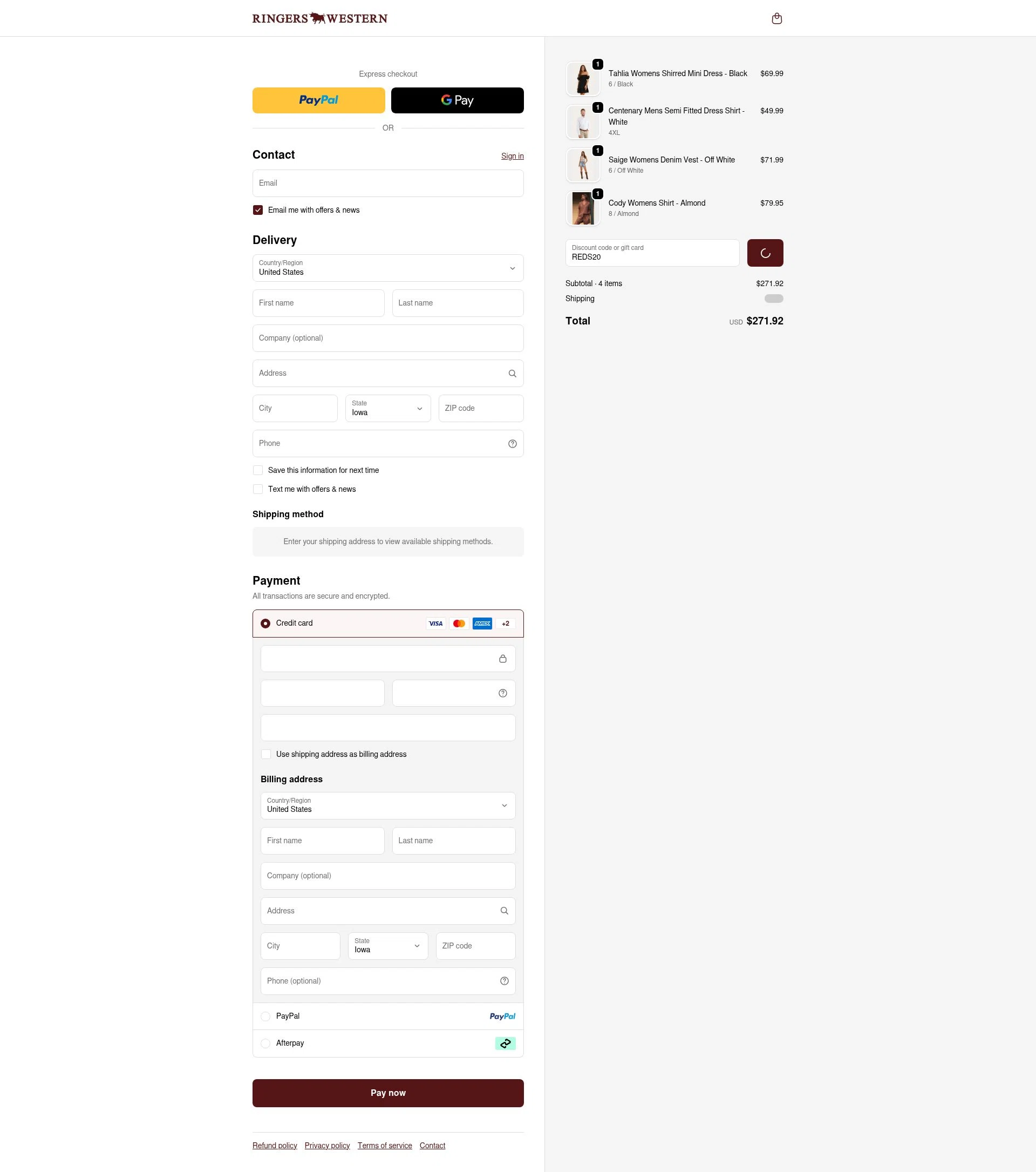 Ringers Western checkout page showing Ringers Western discount code box | Screenshot taken by SimplyCodes community member on Jan 31, 2026