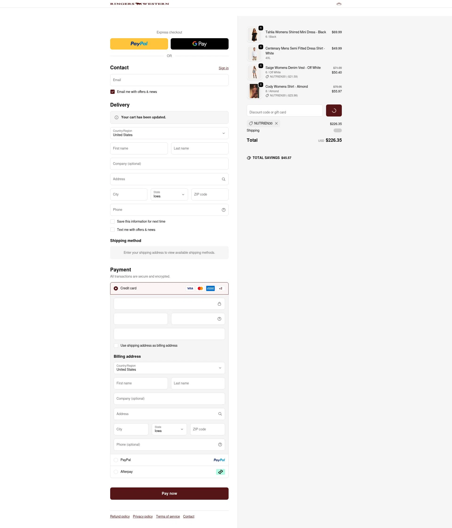 Ringers Western checkout page showing Ringers Western discount code box | Screenshot taken by SimplyCodes community member on Jan 31, 2026