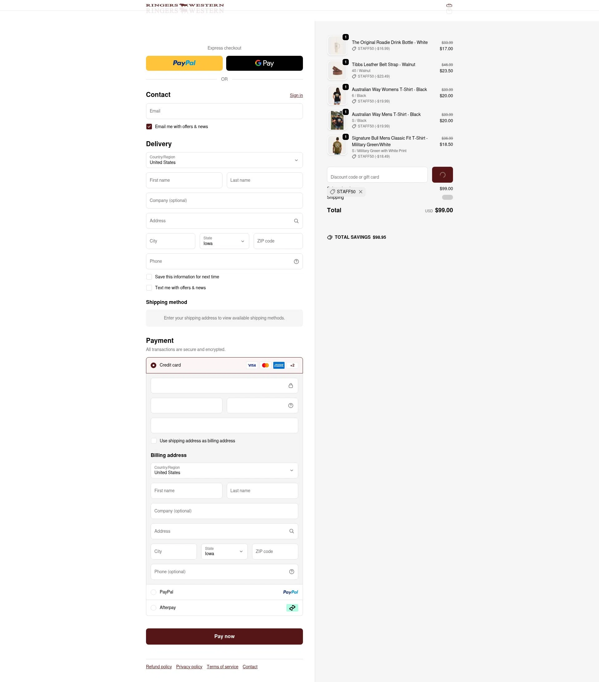 Ringers Western checkout page showing Ringers Western discount code box | Screenshot taken by SimplyCodes community member on Jan 27, 2026