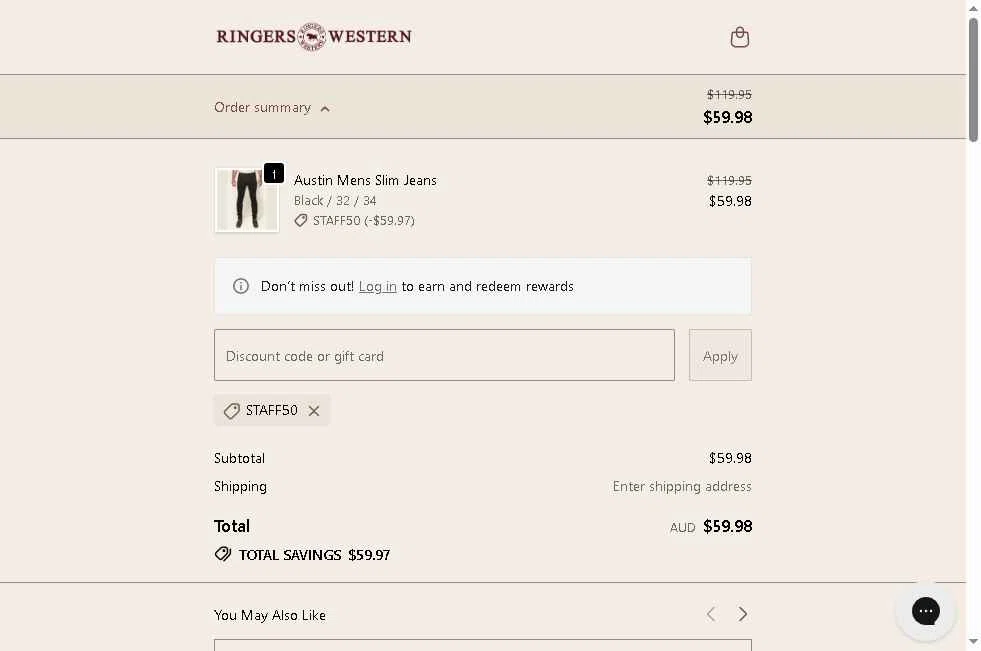 Ringers Western checkout page showing Ringers Western discount code box | Screenshot taken by SimplyCodes community member on Feb 7, 2026