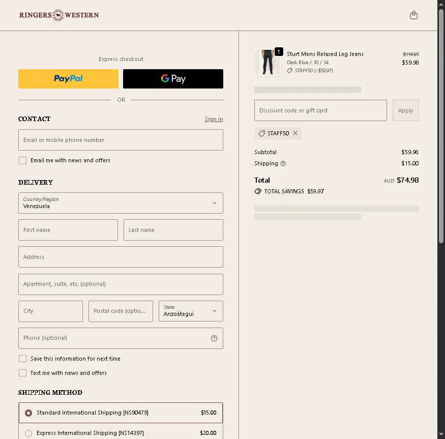 Ringers Western checkout page showing Ringers Western discount code box | Screenshot taken by SimplyCodes community member on Feb 13, 2026