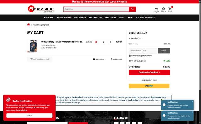 Ringside Collectibles checkout page showing Ringside Collectibles coupon code box | Screenshot taken by SimplyCodes community member on Aug 26, 2025