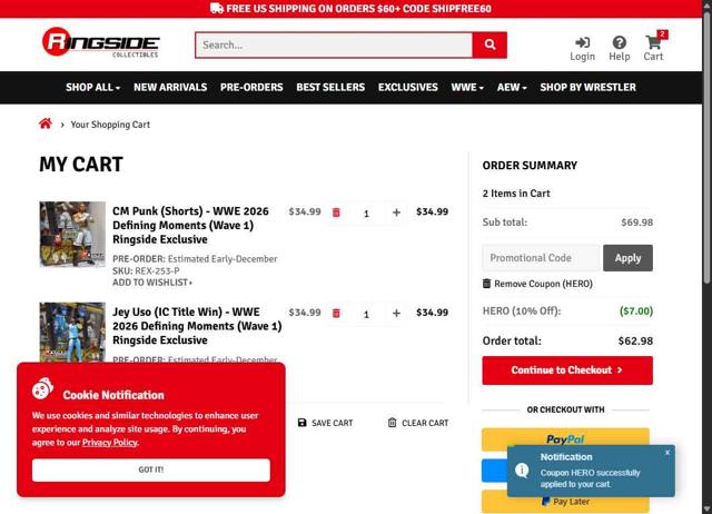 Ringside Collectibles checkout page showing Ringside Collectibles coupon code box | Screenshot taken by SimplyCodes community member on Aug 16, 2025