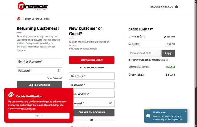 Ringside Collectibles checkout page showing Ringside Collectibles coupon code box | Screenshot taken by SimplyCodes community member on Aug 26, 2025