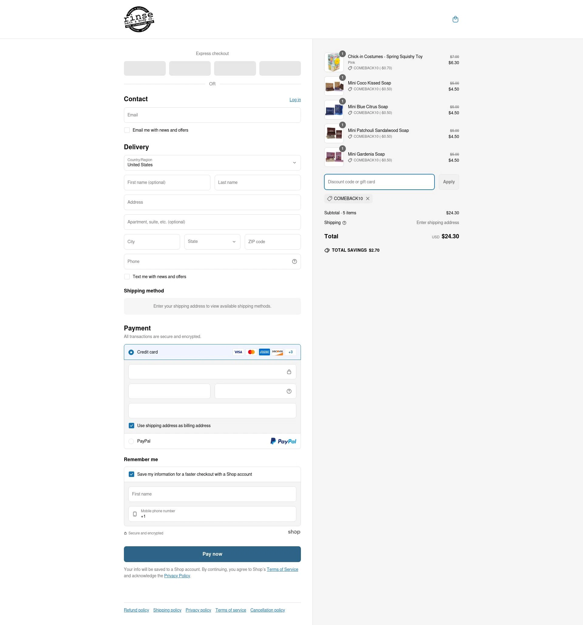 Rinse Bath & Body checkout page showing Rinse Bath & Body promo code box | Screenshot taken by SimplyCodes community member on Apr 18, 2025