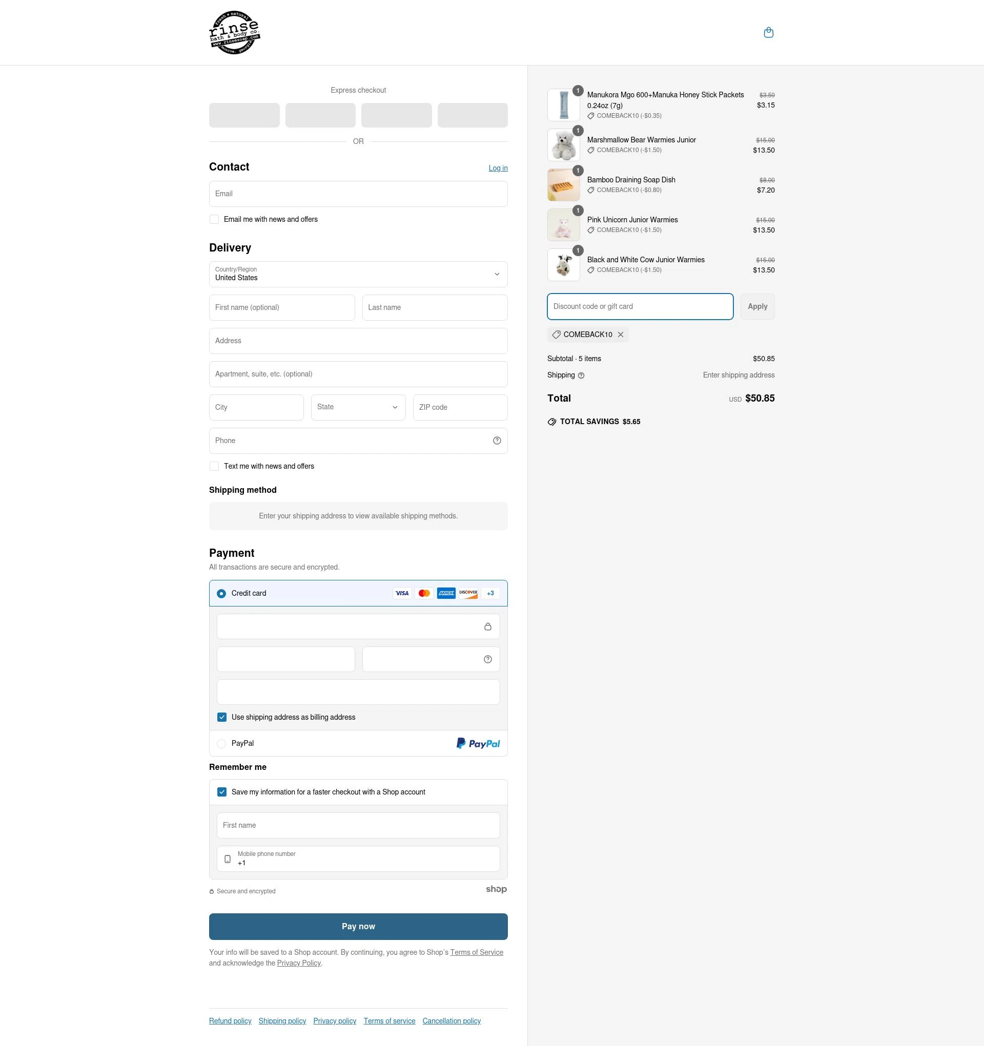 Rinse Bath & Body checkout page showing Rinse Bath & Body promo code box | Screenshot taken by SimplyCodes community member on Apr 25, 2025