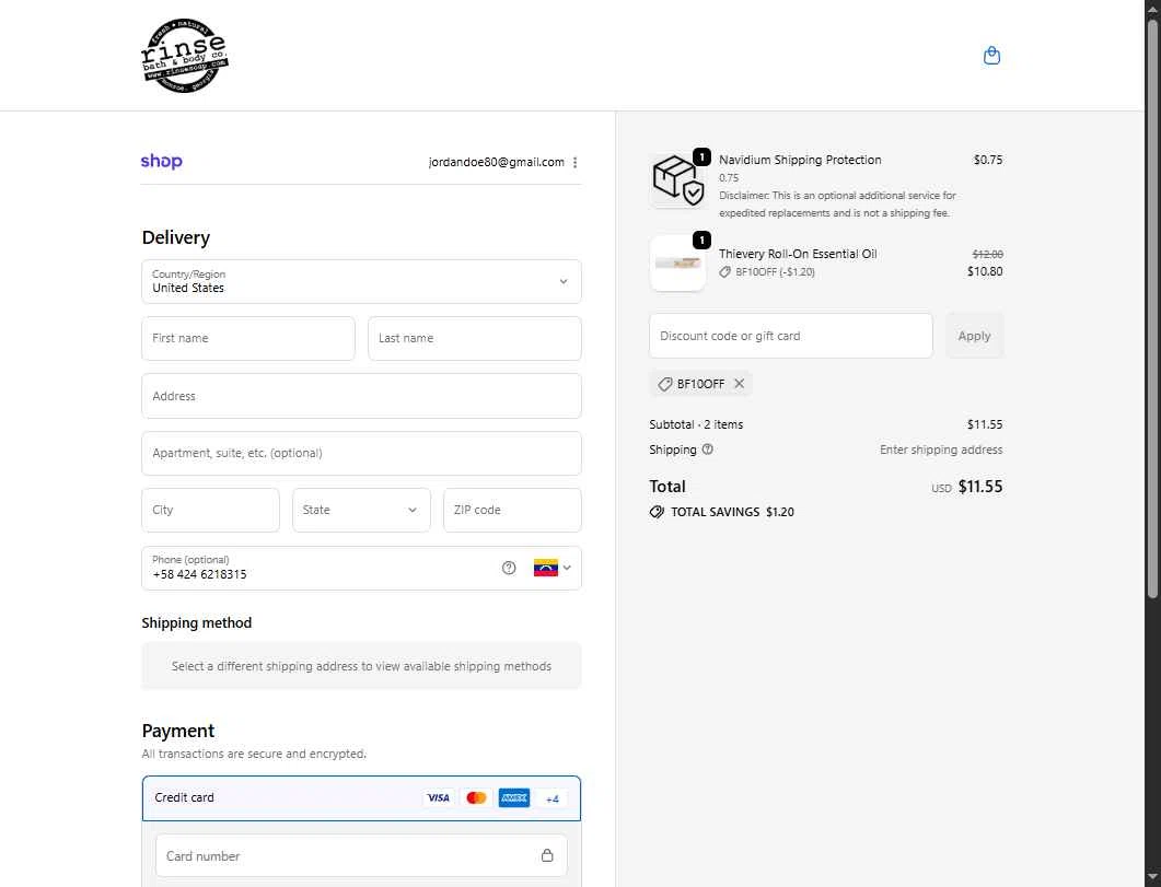 Rinse Bath & Body checkout page showing Rinse Bath & Body promo code box | Screenshot taken by SimplyCodes community member on Nov 24, 2025