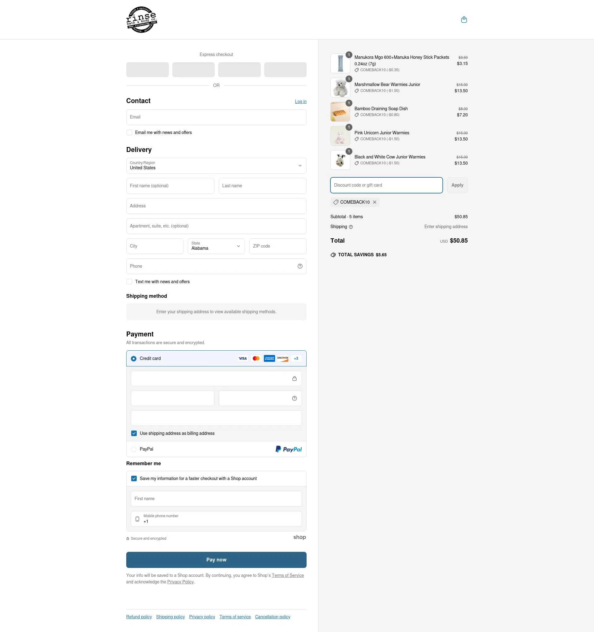 Rinse Bath & Body checkout page showing Rinse Bath & Body promo code box | Screenshot taken by SimplyCodes community member on May 2, 2025