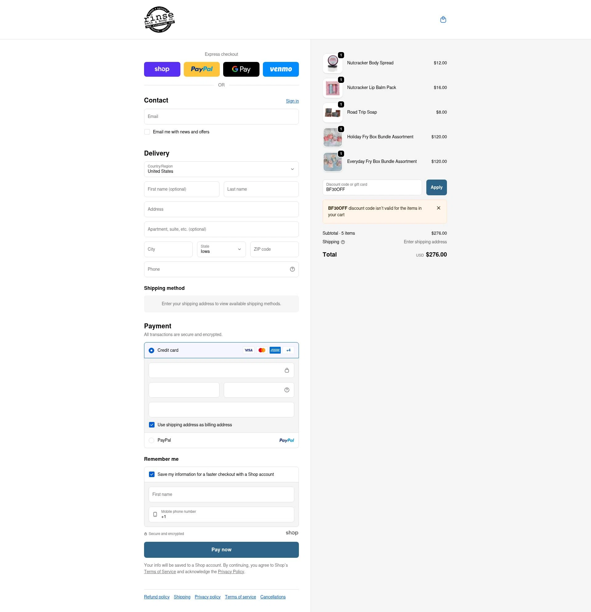 Rinse Bath & Body checkout page showing Rinse Bath & Body promo code box | Screenshot taken by SimplyCodes community member on Nov 28, 2025