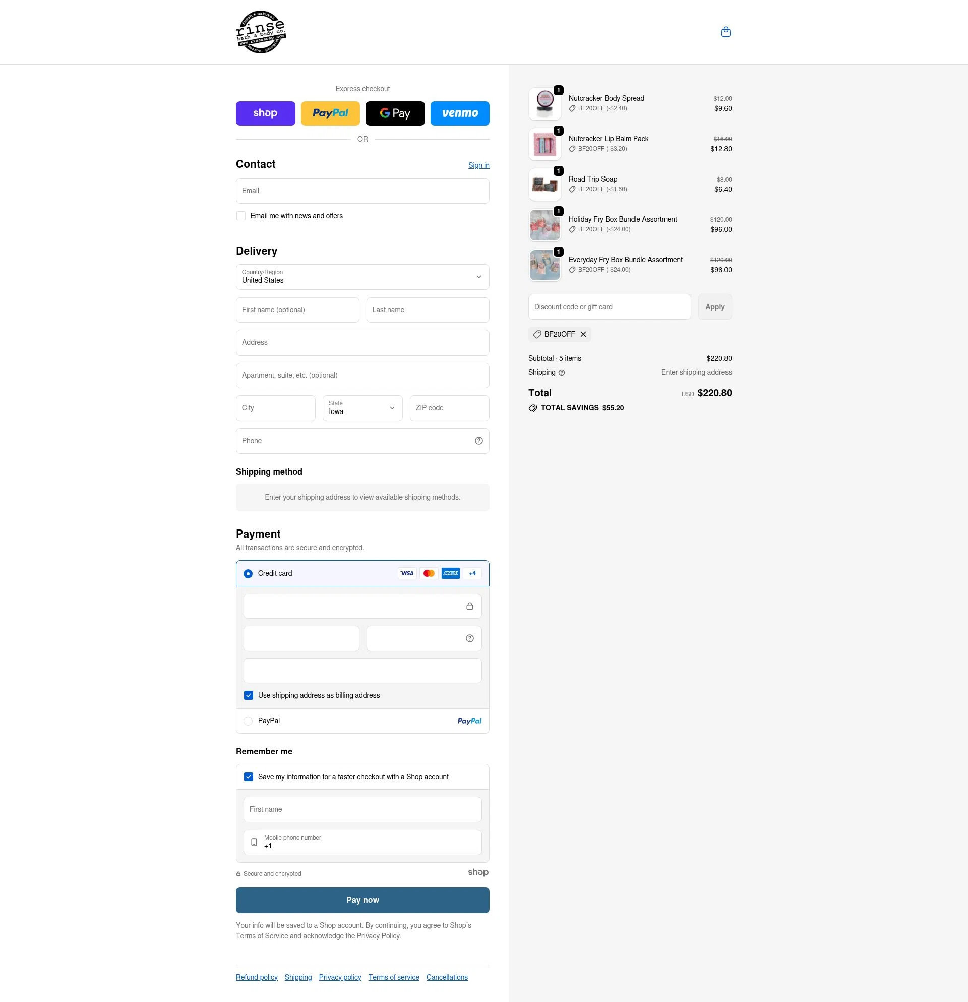 Rinse Bath & Body checkout page showing Rinse Bath & Body promo code box | Screenshot taken by SimplyCodes community member on Nov 28, 2025
