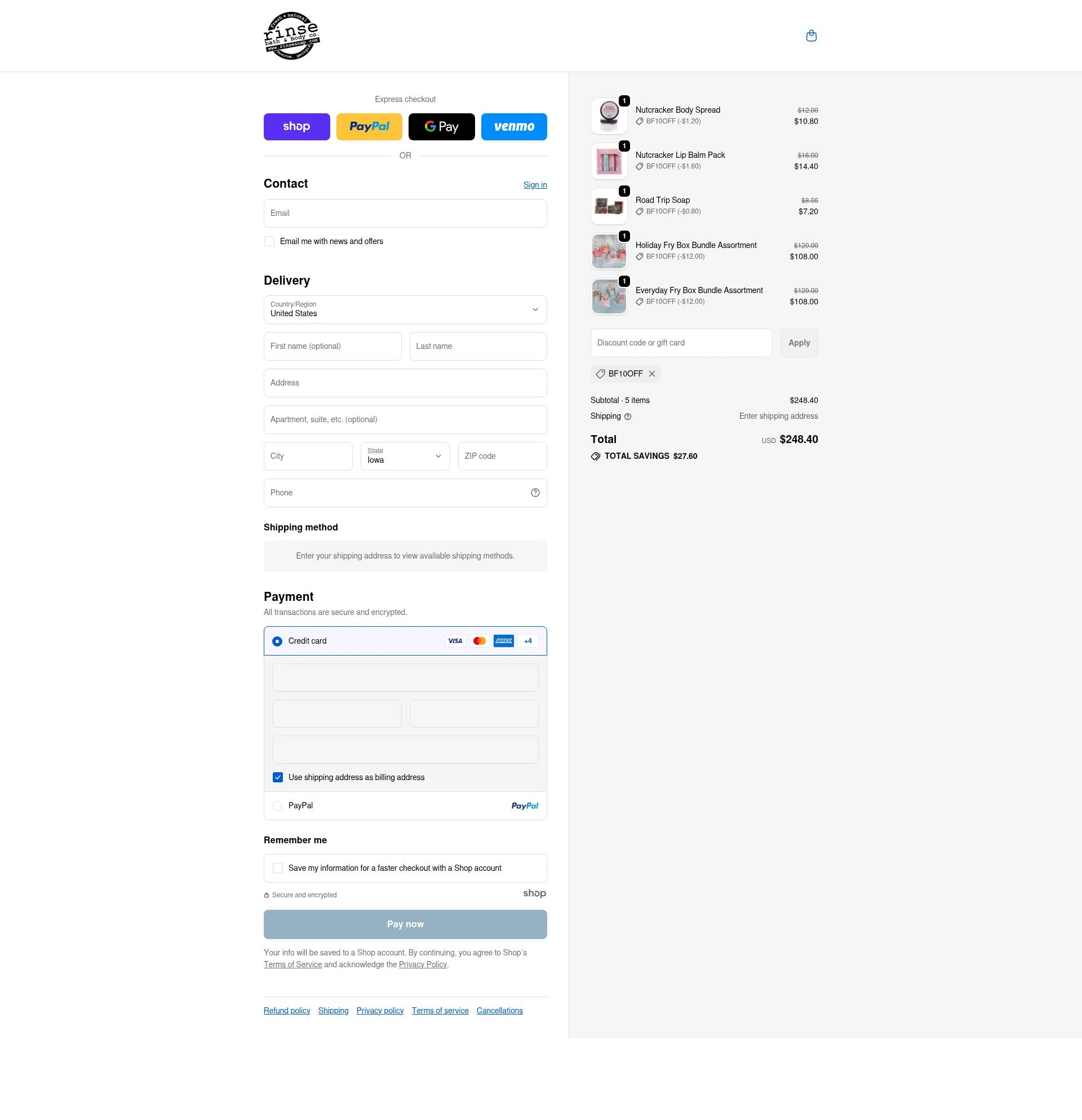 Rinse Bath & Body checkout page showing Rinse Bath & Body promo code box | Screenshot taken by SimplyCodes community member on Nov 28, 2025