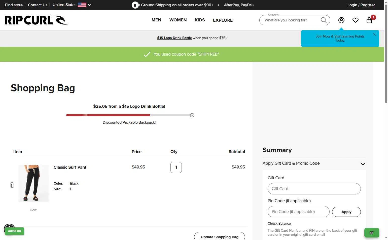 Rip Curl checkout page showing Rip Curl promo code box | Screenshot taken by SimplyCodes community member on Sep 29, 2025