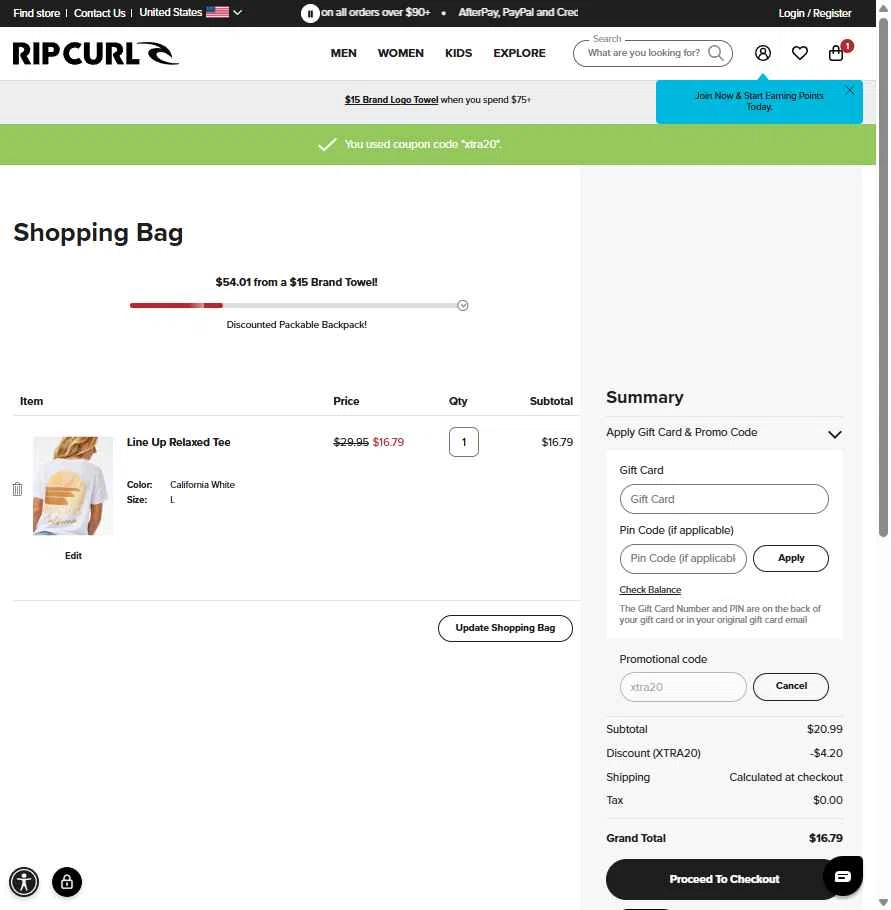 Rip Curl checkout page showing Rip Curl promo code box | Screenshot taken by SimplyCodes community member on Sep 11, 2025