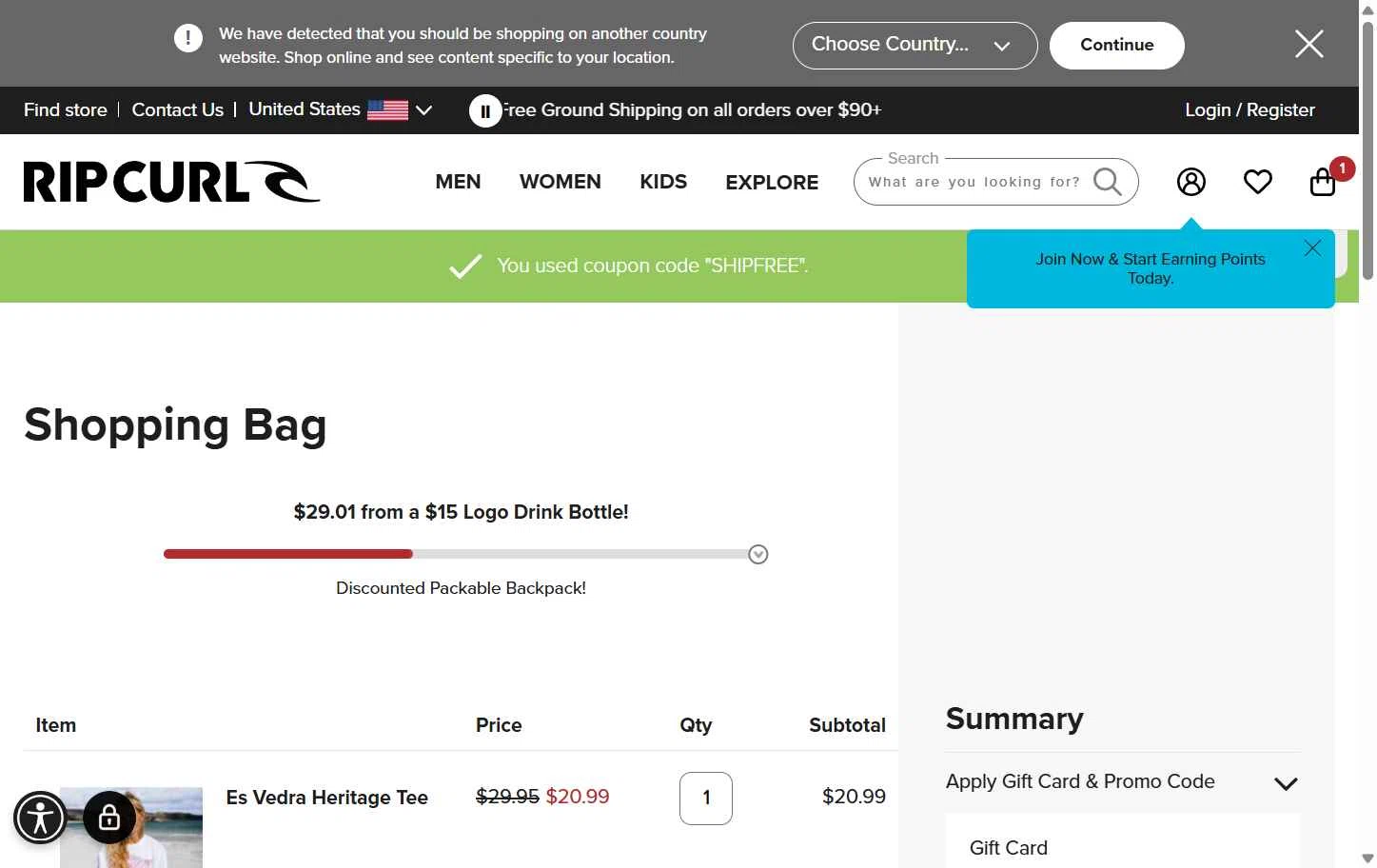 Rip Curl checkout page showing Rip Curl promo code box | Screenshot taken by SimplyCodes community member on Oct 25, 2025