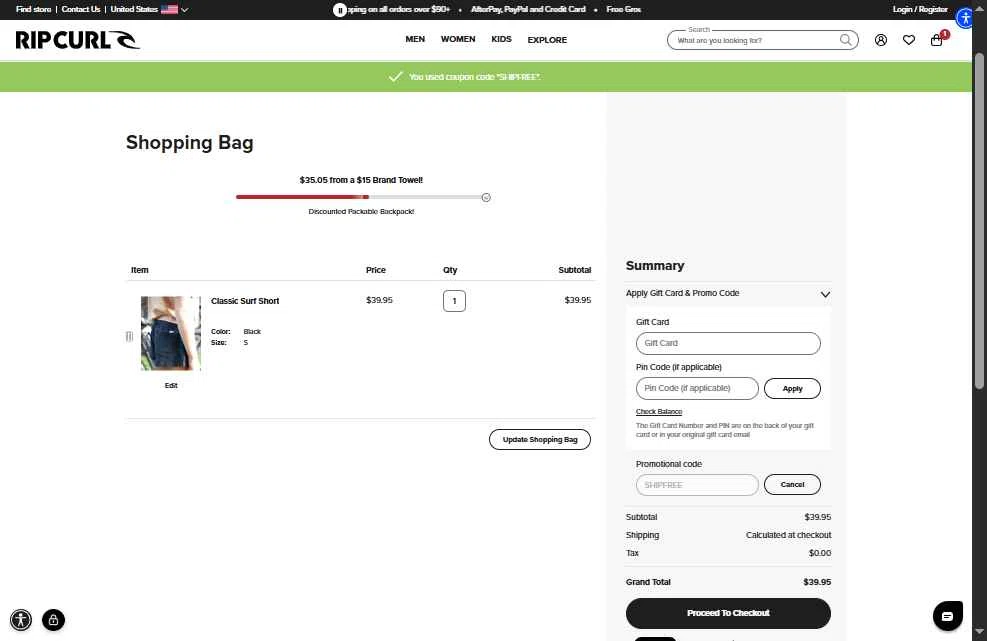 Rip Curl checkout page showing Rip Curl promo code box | Screenshot taken by SimplyCodes community member on Sep 18, 2025